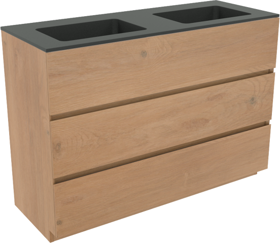 Storke Edge staand badkamermeubel 120 x 46 cm ruwe eik met Scuro dubbele wastafel in kwarts mat zwart