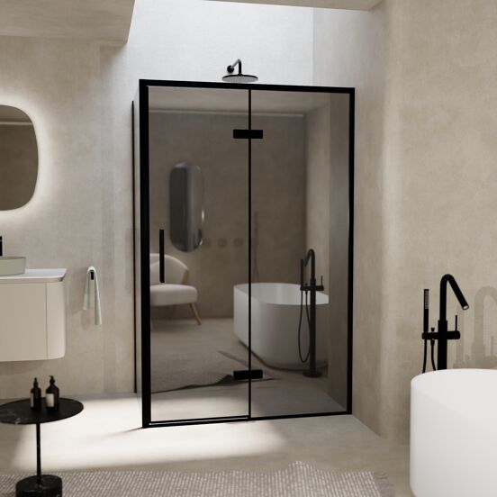 Balmani Senses Design douche en coin avec porte pivotante à droite et paroi latérale fixe, 120 x 90 cm, Miroir Reflex, Profil noir