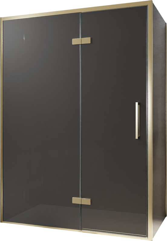Balmani Senses Design douchehoek met linkse draaideur en vaste zijwand, 140 x 100 cm, Rookglas, Brushed Champagne Gold profielen, met coating