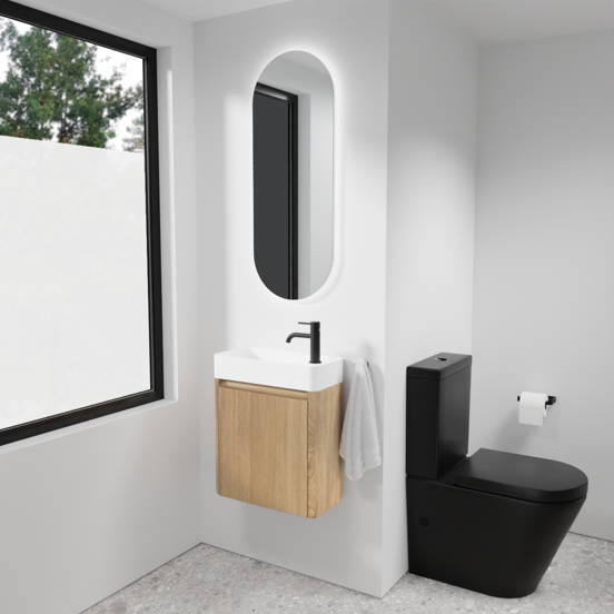 Balmani Fara zwevend toiletmeubel 45 x 22 cm naturel eiken met Fara wastafel in matte Solid Surface