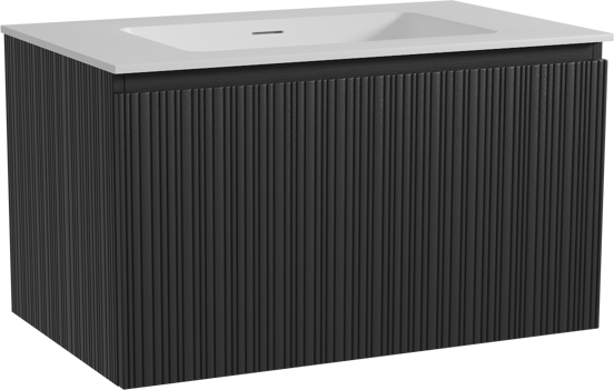 Storke Ribs meuble salle de bains suspendu 85 x 52 cm chêne noir avec Mata plan simple en solid surface blanc mat, Nervure droite asymétrique verticale