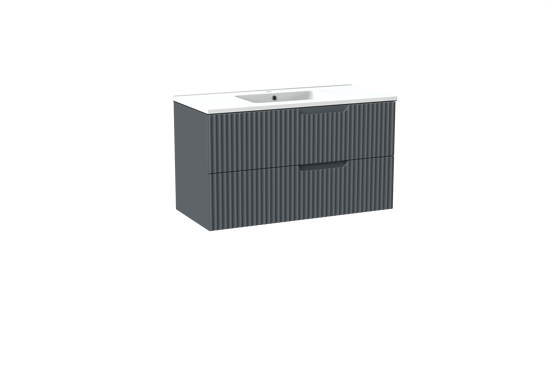 Linie Ribbo meuble salle de bains suspendu 100 x 46 cm bleu anthracite avec Vano plan simple en marbre composite blanc mat, Nervure circulaire symétrique verticale