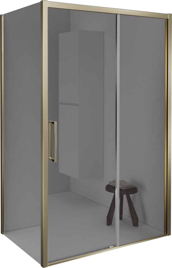 Balmani Senses Design douche en coin avec porte coulissante à droite et paroi latérale fixe, 140 x 100 cm, Miroir Reflex, Profil Brushed Champagne Gold
