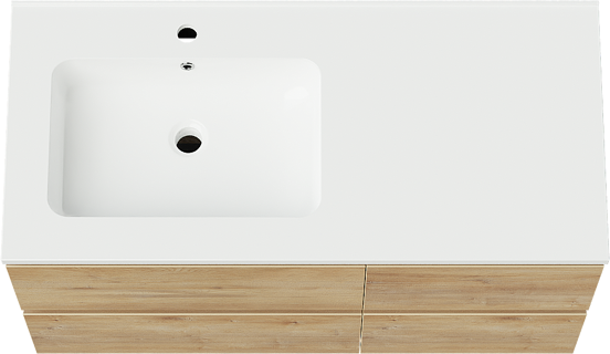 Linie Lado zwevend badmeubel 100 x 46 cm naturel eiken met Vano asymmetrisch linkse wastafel in composietmarmer hoogglans wit