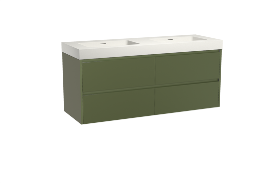 Storke Seda zwevend badkamermeubel 150 x 52 cm olijfgroen met Mata High dubbele wastafel in solid surface mat wit