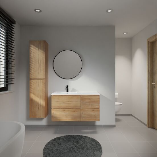 Linie Lado zwevend badmeubel 100 x 46 cm naturel eiken met Vano asymmetrisch linkse wastafel in composietmarmer hoogglans wit