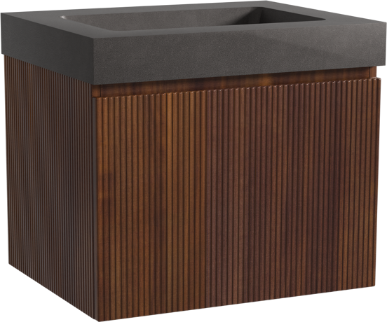 Storke Ribs hängendes Möbelstück Set: 65 x 52 cm, Nussbaum, mit Scuro High Einzelwaschtisch, Quarz, Schwarz matt, Vertikale symmetrische gerade Rippe