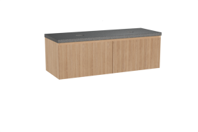 Balmani Fila zwevend badkamermeubel 150 x 55 cm natuur eik met Rock dubbel tablet in graniet zwart, Verticale symmetrische rechte ribbel