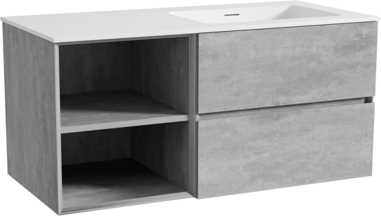 Storke Edge zwevend badmeubel 110 x 52 cm beton donkergrijs met Mata asymmetrisch rechtse wastafel in solid surface mat wit