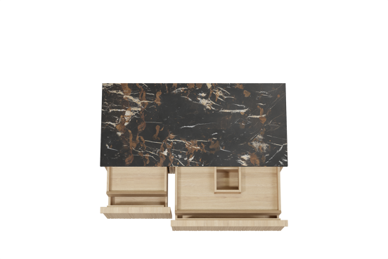 Balmani Forma zwevend badmeubel 120 x 55 cm naturel eiken met Stretto enkel wastafelblad in marmer portoro gold, Verticale asymmetrische ronde ribbel