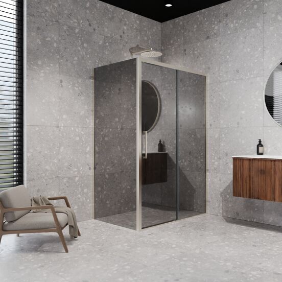 Balmani Senses Design douche en coin avec porte coulissante à droite et paroi latérale fixe, 120 x 80 cm, Miroir Reflex, Profil Brushed CoolMetal