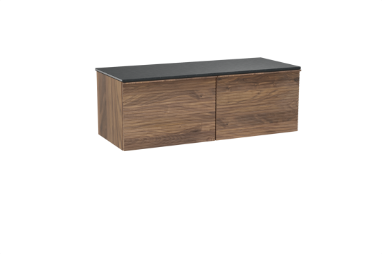 Balmani Forma hängendes Möbelstück Set: 135 x 55 cm, Amerikanischer Nussbaum, mit Stretto Einzel- oder Doppel Waschtischplatte, Granit, Schwarzes Granit, Horizontale symmetrische gerade Rippe