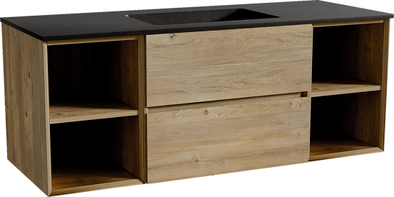 Storke Edge zwevend badmeubel 135 x 52 cm ruw eiken met Scuro enkele wastafel in kwarts mat zwart