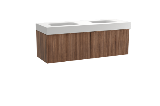 Balmani Forma zwevend badkamermeubel 150 x 55 cm amerikaanse notelaar met Arcato dubbele wastafel in solid surface mat wit, Verticale asymmetrische ronde ribbel