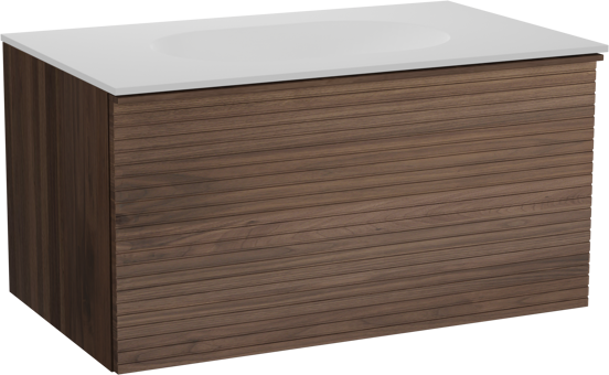 Balmani Forma zwevend badkamermeubel 90 x 55 cm amerikaanse notelaar met Tablo Oval enkele wastafel in solid surface mat wit, Horizontale symmetrische rechte ribbel
