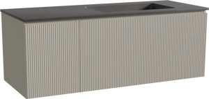 Storke Ribs meuble salle de bains suspendu 130 x 52 cm soie grise avec Scuro plan vasque asymétrique à droite en quartz noir mat, Nervure droite symétrique verticale