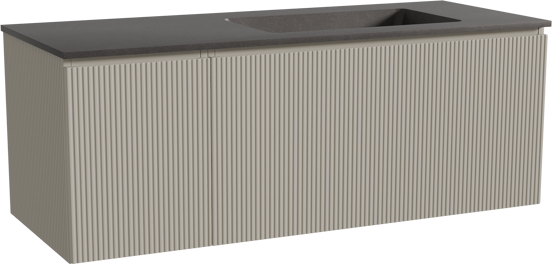 Storke Ribs meuble salle de bains suspendu 130 x 52 cm soie grise avec Scuro plan vasque asymétrique à droite en quartz noir mat, Nervure droite symétrique verticale