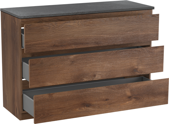 Linie Lado freistehendes Möbelstück Set: 120 x 46 cm, Braune Eiche, mit Lado Einzel- oder Doppel Waschtischplatte, Melamin Schiefergrau