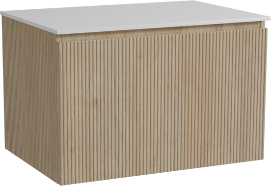 Storke Ribs hängendes Möbelstück Set: 75 x 52 cm, Rohe Eiche, mit Tavola Einzel Waschtischplatte, Solid Surface, Weiß matt, Vertikale symmetrische gerade Rippe