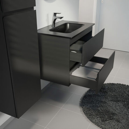 Linie Lado hängendes Möbelstück Set: 70 x 46 cm, Schwarz matt, mit Baro Einzelwaschtisch, Porzellan Schwarz matt