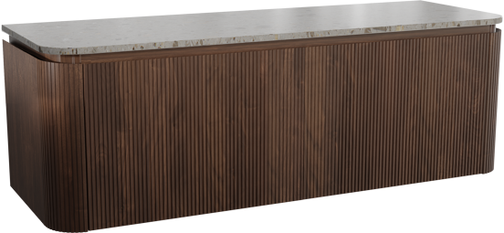Balmani Moon zwevend badkamermeubel 160 x 55 cm amerikaanse notelaar met Moon enkel of dubbel tablet in terrazzo greige terrazzo, Verticale symmetrische rechte ribbel