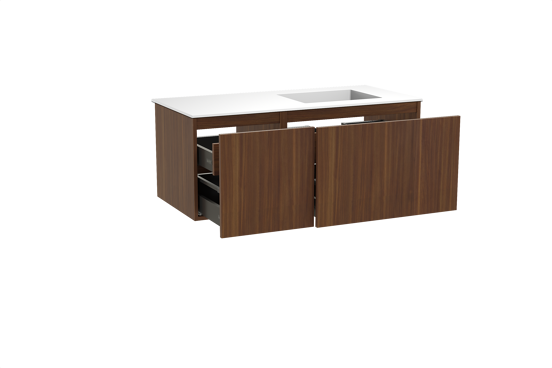Balmani Sfera zwevend badmeubel 120 x 55 cm amerikaans notenhout met Tablo Stretto asymmetrisch rechtse wastafel in solid surface mat wit