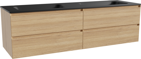 Balmani Mitra hängendes Möbelstück Set: 180 x 55 cm, Naturbelassene Eiche, mit Tablo Strada Doppelwaschtisch, Marmorkomposit Schwarz matt