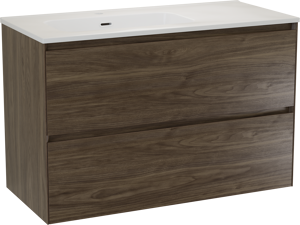 Balmani Mitra Compact zwevend badmeubel 100 x 46 cm Amerikaans notenhout met Nostra asymmetrisch linkse wastafel in porselein hoogglans wit