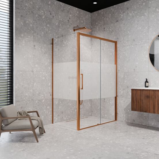Balmani Senses Design douchehoek met rechtse schuifdeur en vaste zijwand, 160 x 80 cm, Helder glas met matte strook, Brushed Rosegold profielen