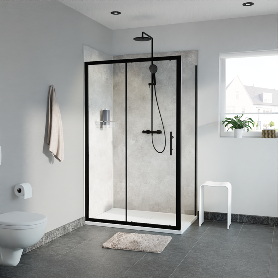 Linie Cadiz douchecabine met schuifdeur en vaste zijwand, 120 x 80 cm, helder glas, zwarte profielen
