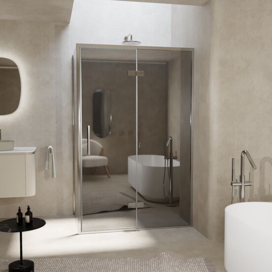 Balmani Senses Design douche en coin avec porte pivotante à droite et paroi latérale fixe, 120 x 80 cm, Miroir Reflex, Profil chrome, coating inclus