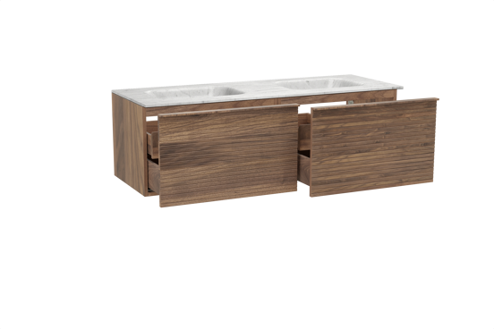 Balmani Forma zwevend badkamermeubel 150 x 55 cm amerikaanse notelaar met Tablo Arcato dubbele wastafel in marmer carrara, Horizontale symmetrische rechte ribbel