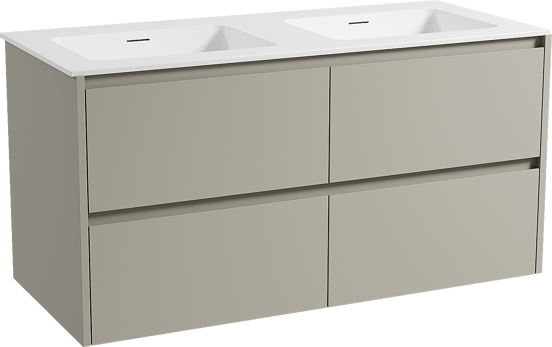 Storke Seda zwevend badmeubel 120 x 52 cm zijdegrijs met Mata dubbele wastafel in solid surface mat wit