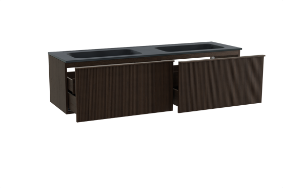 Balmani Forma meuble salle de bains suspendu 180 x 55 cm chêne fumé avec Tablo Strada double vasque en marbre composite noir mat, Nervure droite symétrique verticale