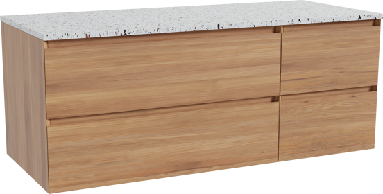 Balmani Mitra zwevend badkamermeubel 135 x 55 cm teak met Stretto enkel of dubbel tablet in mat wit/zwart terrazzo
