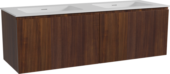 Storke Ribs meuble salle de bains suspendu 150 x 52 cm noyer avec Mata double vasque en solid surface blanc mat, Nervure droite symétrique verticale