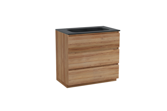 Balmani Lucida staand badkamermeubel 90 x 55 cm teak met Tablo Strada enkele wastafel in composietmarmer mat zwart
