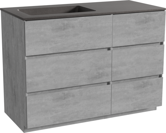 Storke Edge freistehendes Möbelstück Set: 110 x 52 cm, Beton dunkelgrau, mit Scuro Waschtisch links, Quarz Schwarz matt