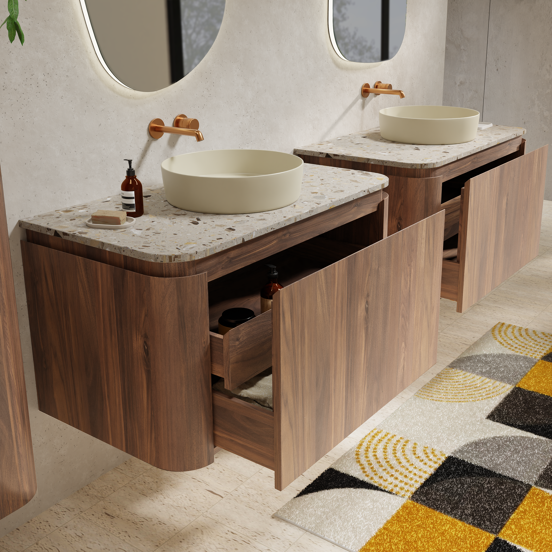 Balmani Moon meuble salle de bains suspendu 100 x 55 cm noyer américain avec Moon tablette simple en terrazzo greige terrazzo