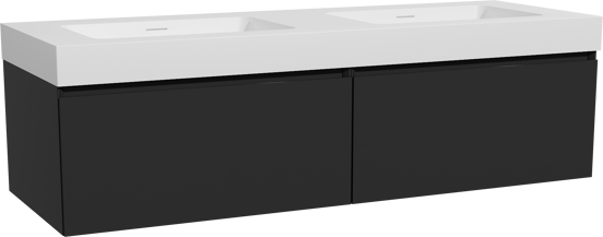 Storke Edge hängendes Möbelstück Set: 150 x 52 cm, Schwarz matt, mit Mata High Doppelwaschtisch, Solid Surface Weiß matt
