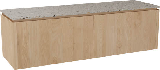 Balmani Eclips zwevend badkamermeubel 180 x 55 cm Natuur eik met Stretto enkel of dubbel tablet in Greige terrazzo