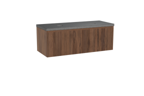 Balmani Fila hängendes Möbelstück Set: 135 x 55 cm, Nussbaum, mit Rock Doppel Waschtischplatte, Granit, Schwarzes Granit, Vertikale symmetrische gerade Rippe