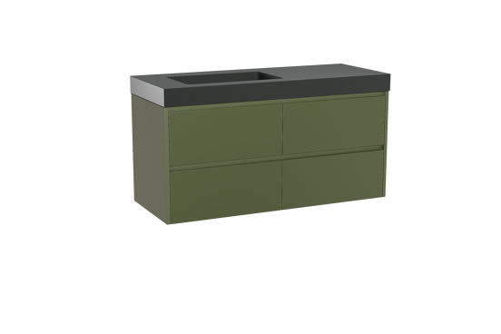 Storke Seda meuble salle de bains suspendu 130 x 52 cm vert olive avec Scuro High vasque asymétrique gauche en quartz noir mat