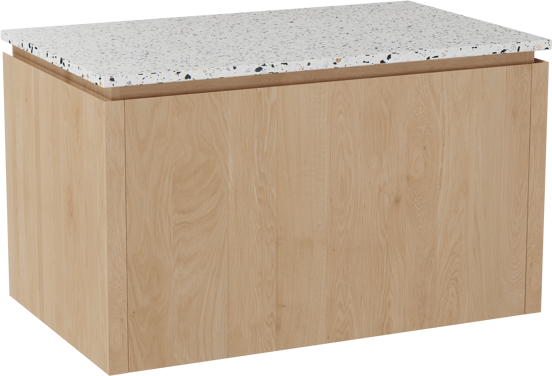 Balmani Eclips hängendes Möbelstück Set: 90 x 55 cm, Eiche Natur, mit Stretto Einzel Waschtischplatte Bianco Nero Terrazzo