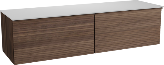 Balmani Forma zwevend badmeubel 180 x 55 cm amerikaans notenhout met Stretto enkel of dubbel wastafelblad in solid surface mat wit, Horizontale symmetrische rechte ribbel