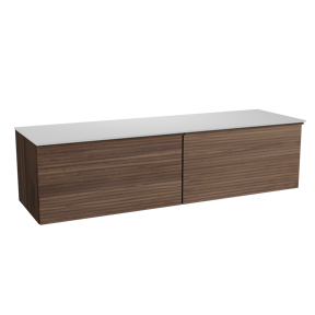 Balmani Forma hängendes Möbelstück Set: 180 x 55 cm, Amerikanischer Nussbaum, mit Stretto Einzel- oder Doppel Waschtischplatte, Solid Surface, Weiß matt, Horizontale symmetrische gerade Rippe