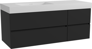 Storke Edge meuble salle de bains suspendu 140 x 52 cm noir mat avec Mata High plan vasque asymétrique à gauche en solid surface blanc mat