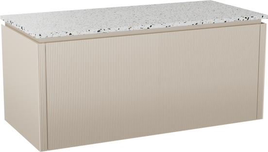 Balmani Eclips hängendes Möbelstück Set: 120 x 55 cm, Sandbeige, mit Stretto Einzel- oder Doppel Waschtischplatte Bianco Nero Terrazzo, Vertikale symmetrische gerade Rippe