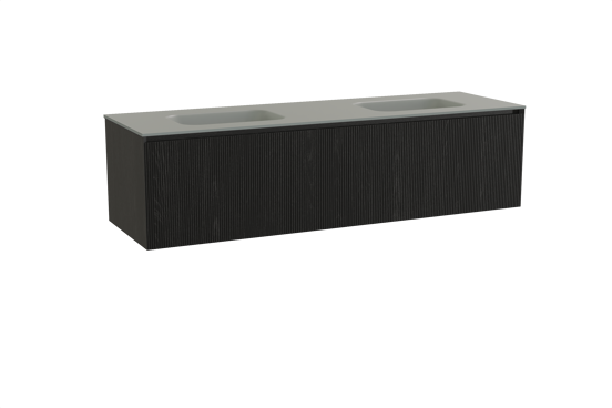 Balmani Fila zwevend badmeubel 180 x 55 cm zwart eiken met Tablo Arcato dubbele wastafel in solid surface steengrijs, Verticale symmetrische rechte ribbel