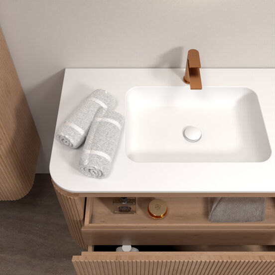 Balmani Moon meuble salle de bains suspendu 130 x 55 cm chêne naturel avec Moon plan simple en solid surface blanc mat, Nervure droite symétrique verticale